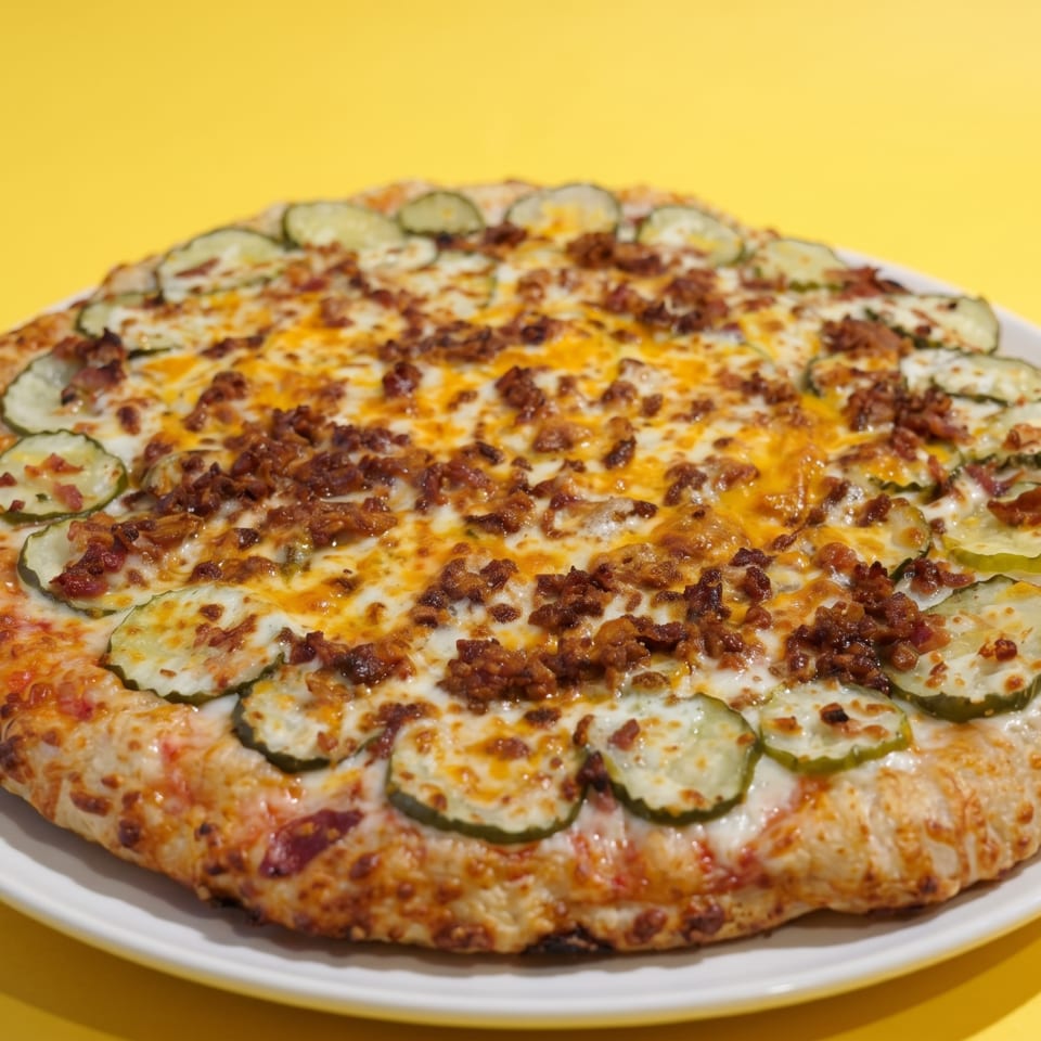 A whole pizza topped with melted cheese, crumbled bacon, and pickle slices on a white plate.