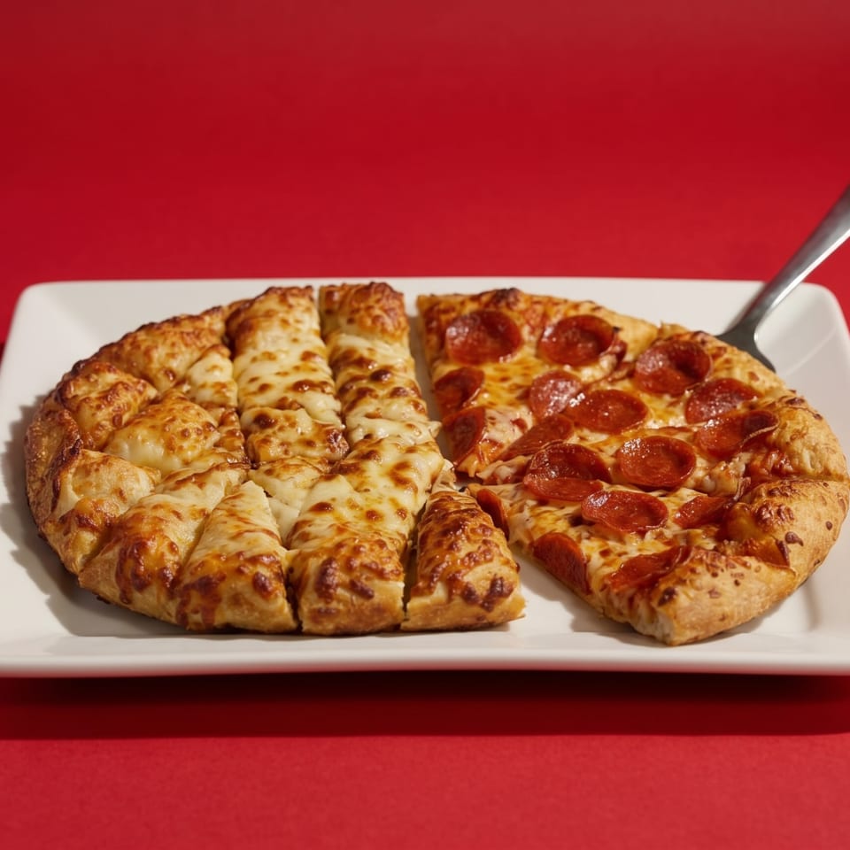 A white rectangular plate holds half a pepperoni pizza and half an order of cheesy breadsticks.